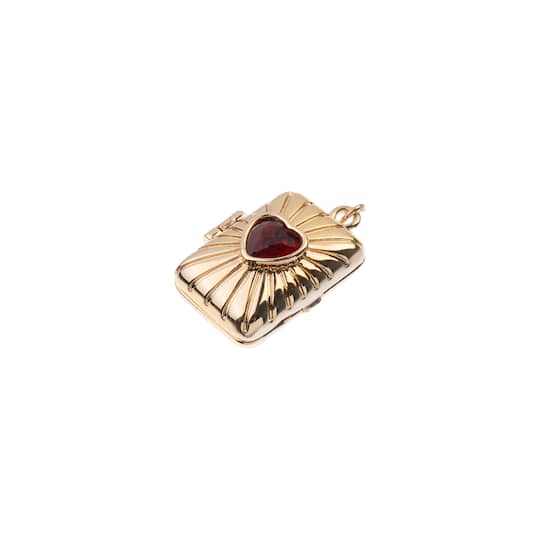 Gold & Red Heart Gem Brass Rectangular Locket by Bead Landing™